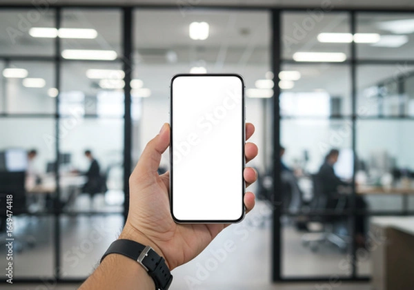 Fototapeta A hand holding a smartphone with a blank white screen against a blurred modern office background. This business mockup is suitable for displaying your corporate app or website.