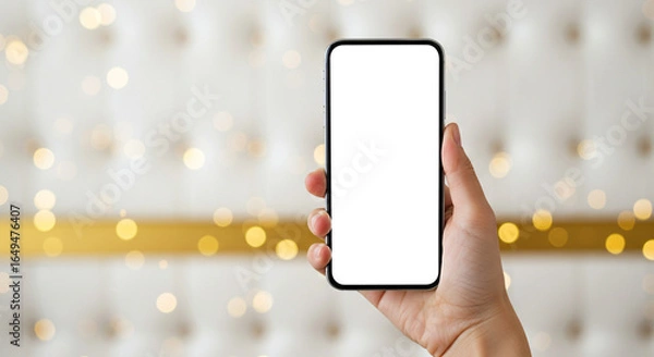 Fototapeta A hand holding a smartphone with a blank white screen against an elegant, festive background with gold trim. This luxurious mockup is great for displaying holiday greetings or premium brand content.