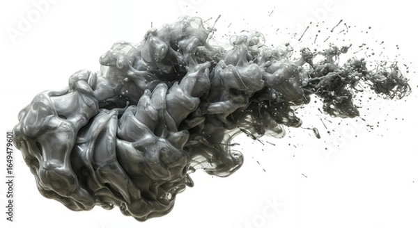 Fototapeta Dark metallic liquid splash with complex organic formation creating dense bubbles and turbulent texture on white background