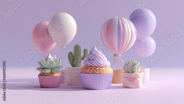 Fototapeta Pastel colored cupcakes and balloons with succulents and cacti on a light purple background cactus
