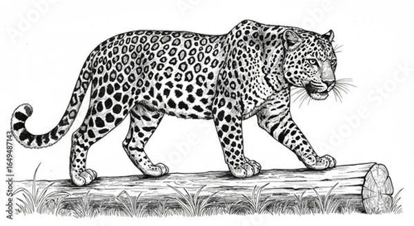 Fototapeta Leopard walking on a log, black and white illustration