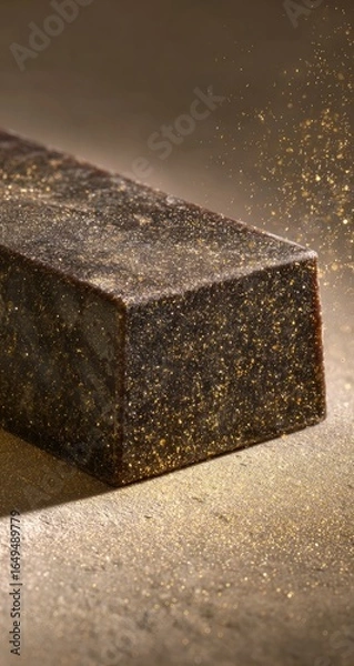 Fototapeta Dark, rectangular bar of soap, speckled with gold flecks, sits angled on a textured, light brown surface.  Gold particles are in the air around the soap