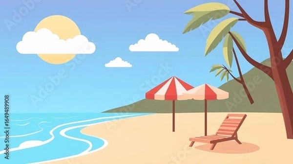 Fototapeta colorful beach scene with umbrella and sea representing vacation, relaxation, and summer vibes