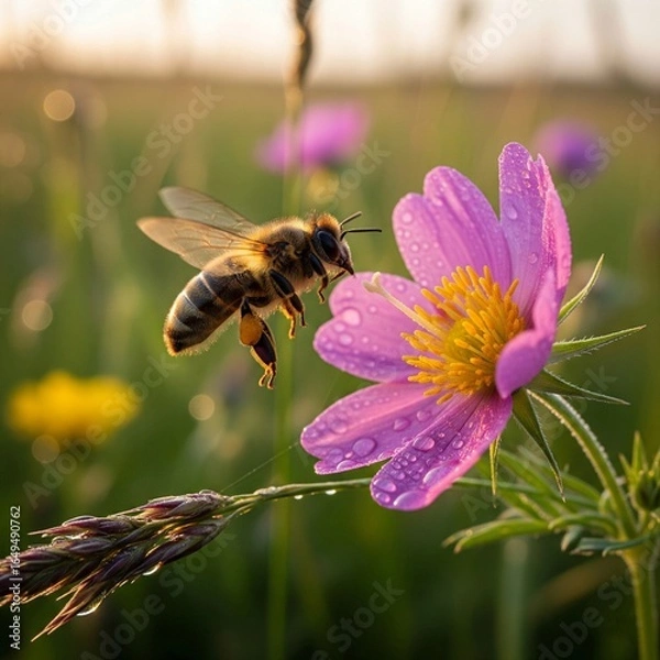 Obraz Honeybee in Flight Approaching Pink Wildflower in Spring Meadow