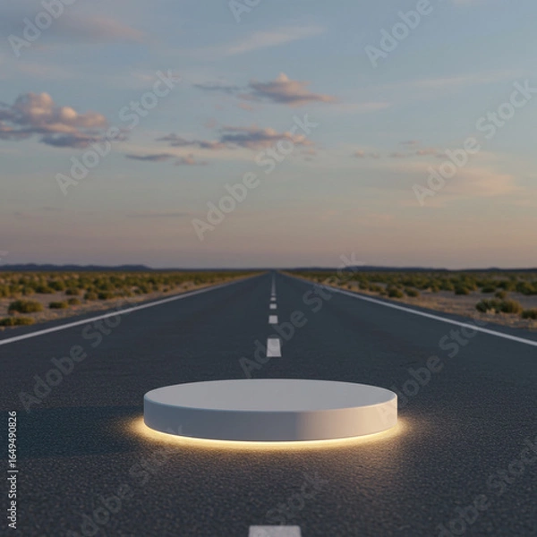 Fototapeta A stone podium with a glowing light base, set on a desert highway at sunset. This atmospheric scene is great for showcasing modern, tech, or automotive products.