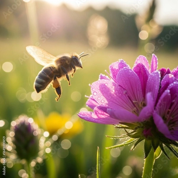Obraz Honeybee in Flight Approaching Pink Wildflower in Spring Meadow