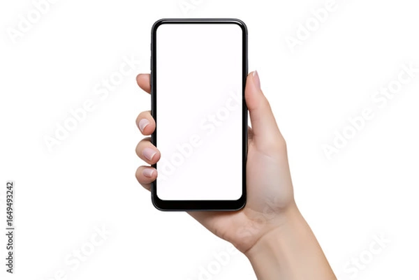 Fototapeta A woman's hand holding a smartphone with a blank white screen. Isolated on a white background, this clean and versatile mockup is perfect for showcasing your app or website.