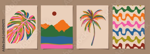 Obraz Abstract tropical beach wall art template. Poster design with palm tree, leaf, sun, sand beach in minimal style. Summer painting for wall decoration, interior, background, cover, and banner.