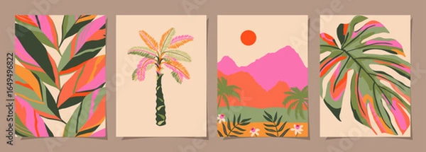 Obraz Abstract tropical beach wall art template. Poster design with palm tree, leaf, sun, sand beach in minimal style. Summer painting for wall decoration, interior, background, cover, and banner.