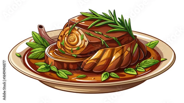 Fototapeta Braised pork shoulder with chives is savory dish featuring tender meat glazed in rich sauce, garnished with fresh herbs. This comforting meal is perfect for gatherings and special occasions white  bac
