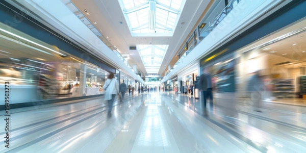 Fototapeta Busy shopping mall interior with blurred motion of shoppers walking along polished floors, showcasing vibrant storefronts and natural light streaming through skylights