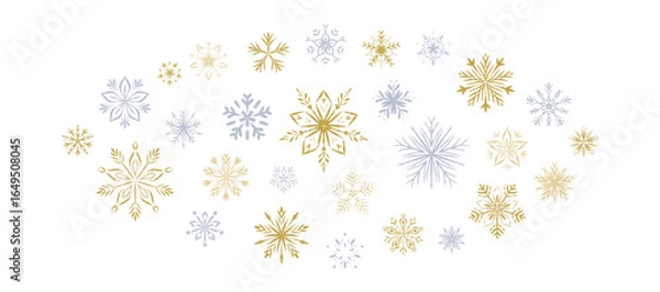 Fototapeta Luxury hand drawn paint brush golden and silver snowflakes. Fancy Merry Christmas and Happy New Year crayon snow flake background. Winter festive trendy pastel textured design. Pencil, chalk scribbles
