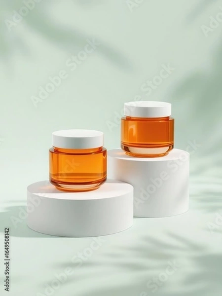 Fototapeta An artistic overhead view of two white amber cosmetic jars placed on white podiums, arranged in a diagonal line on a light pastel green background The jars are unlabeled, highlighting their modern min