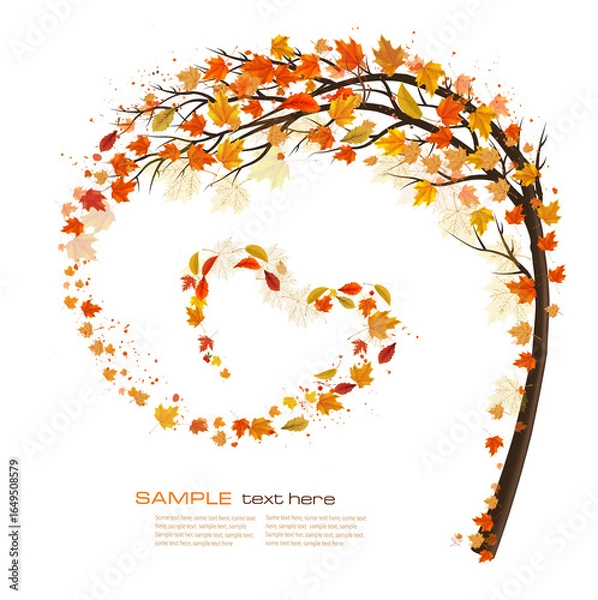 Fototapeta Autumn abstract background with tree and flying colorful leaves gathered in the form of a heart. Vector.