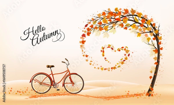 Fototapeta Autumn nature background with tree and flying colorful leaves collected in heart shape and bicycle with leaves. Vector.