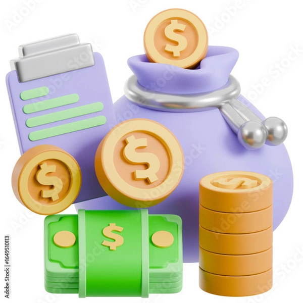 Fototapeta 3D Financial Assets Render: Money Bag, Gold Coins, Cash, and Clipboard. Savings, Investment, Business, and Banking Concept.
