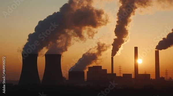 Fototapeta Factory chimneys emitting thick smoke at sunset, presenting scenes of industrial pollution and environmental problems