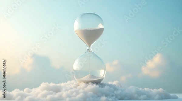 Obraz Transparent hourglass with clouds as sand floating in pastel sky, ultra realistic