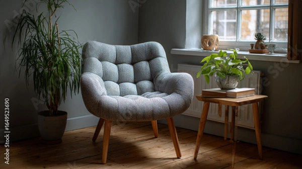 Fototapeta Grey comfy chair standing next to a small table with a book and a plant on it in a day room interior 