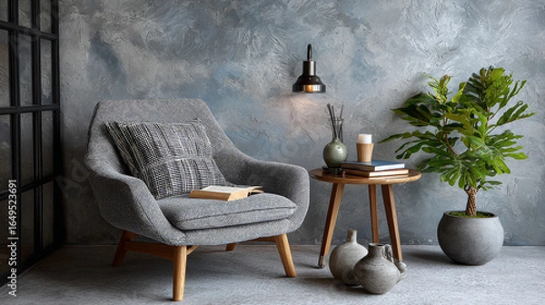 Fototapeta Grey comfy chair standing next to a small table with a book and a plant on it in a day room interior 