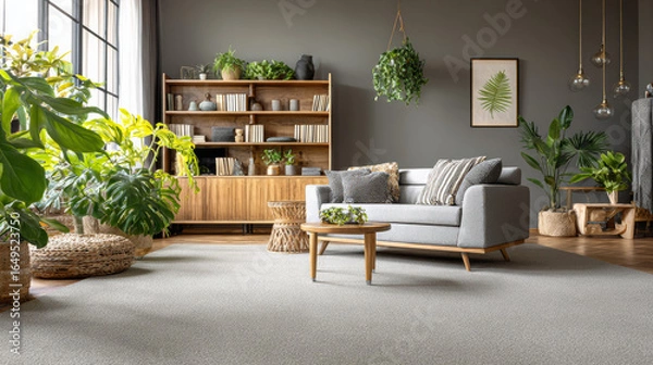 Fototapeta Grey lounge standing in bright sitting room interior with books, plants and decorations on cupboard, carpet on the floor and small table 