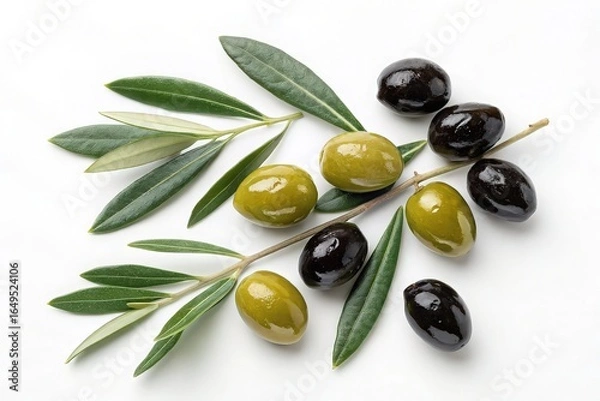 Obraz Fresh green and black olives with leaves isolated on white background