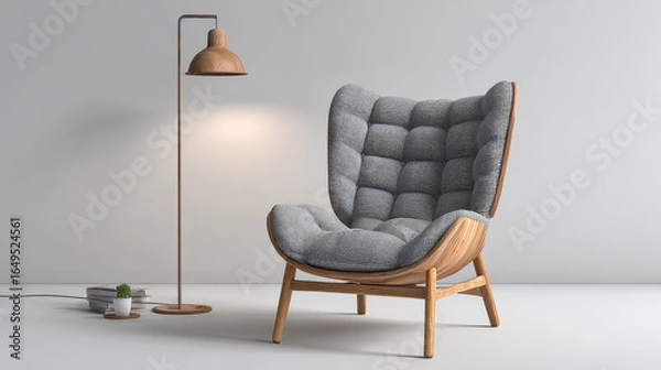 Fototapeta Modern gray armchair with wooden frame and floor lamp on white background