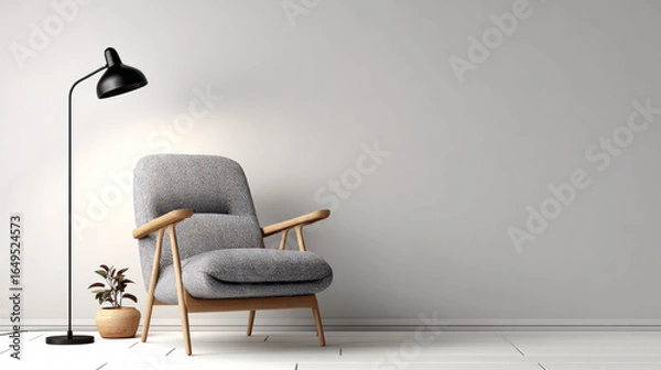 Fototapeta Modern gray armchair with wooden frame and floor lamp on white background