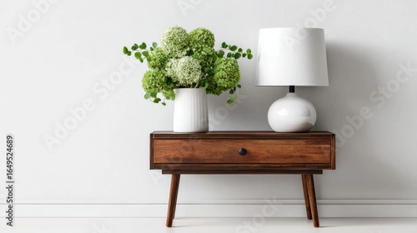 Fototapeta Modern minimalist nightstand with lamp and greenery on white background