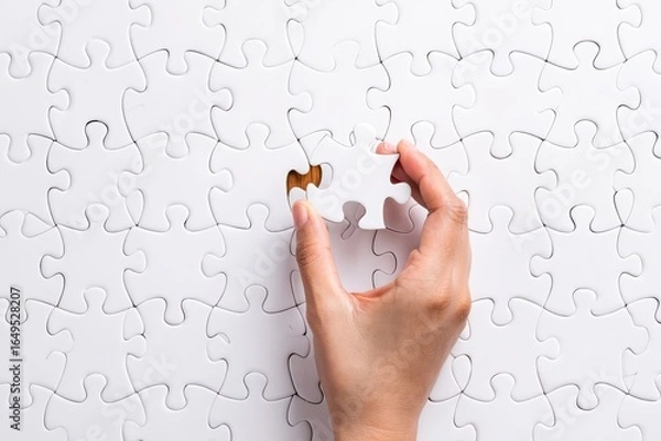 Fototapeta Completing the puzzle concept hand placing last piece of jigsaw puzzle solution done