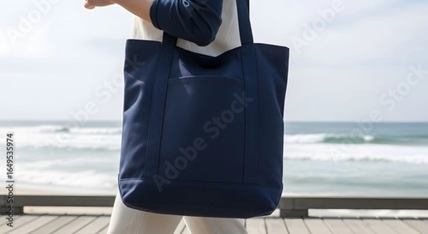 Obraz A person carries a large navy blue tote bag while walking on a wooden boardwalk near a beach with ocean waves.