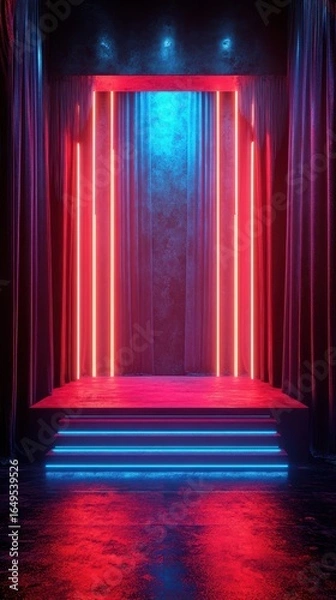 Fototapeta Brightly lit stage with vibrant neon lights and dramatic curtains creates an energetic atmosphere for performance