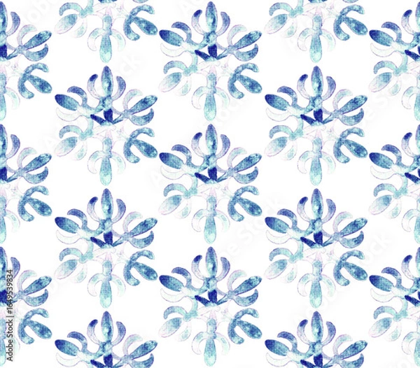 Fototapeta Watercolor seamless pattern with abstract floral shapes. Blue and violet color palette. Geometric botanical ornament. Hand-painted repeating background.