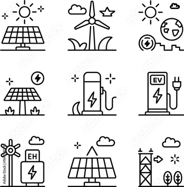Fototapeta Sustainable energy and low emission power system line icons featuring solar wind hydrogen and ev charging for clean generation and grid infrastructure