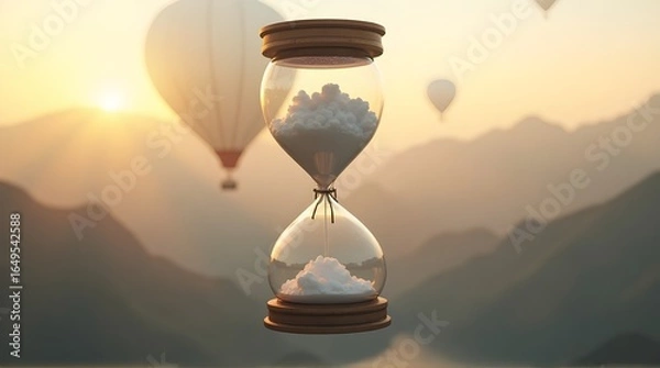 Obraz Hot air balloon carrying a transparent hourglass with clouds as sand