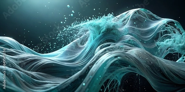 Fototapeta Abstract turquoise waves with water droplets against a dark teal background image design art abstract background. 3d render