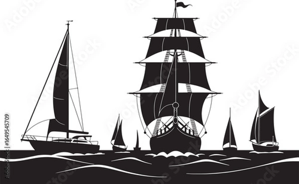 Fototapeta Silhouette of Various Sailing Vessels on the Open Water with Detailed Rigging and Wave Patterns Evoking a Sense of Maritime History