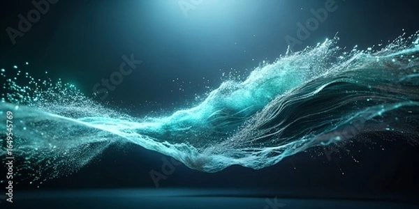 Fototapeta Flowing turquoise liquid with sparkling particles against a dark background art design abstract background. 3d render