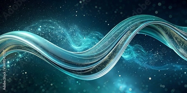 Fototapeta Abstract teal wave with sparkling particles against a dark cosmic background scene design abstract background. 3d render
