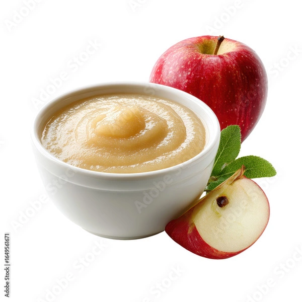 Fototapeta A bowl filled with apple sauce, next to a whole apple and a leaf, highlighting a fresh and wholesome snack, isolated on transparent background