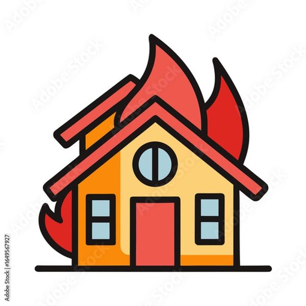 Fototapeta Cartoon house on fire with flames coming out of the roof and windows