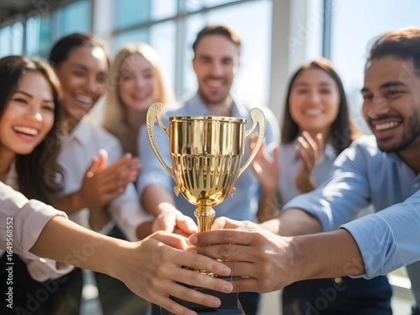 Obraz 
Cheerful and diverse business team celebrating their success and holding a golden trophy.