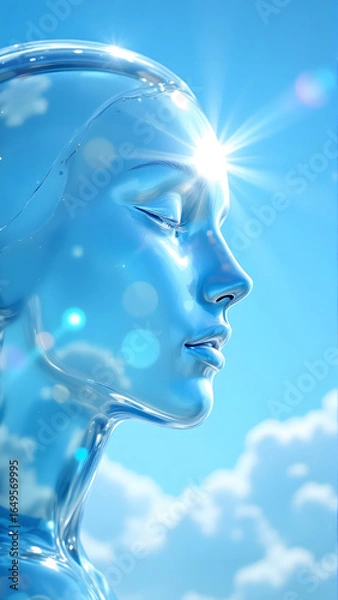 Obraz Crystal Head Sculpture with Bright Light on Forehead Against Sky and Clouds