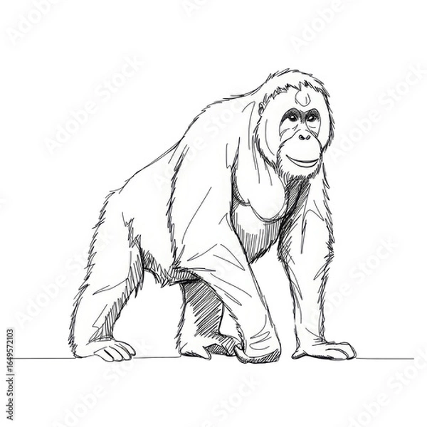 Fototapeta oran-gutan, minimalistic linear drawing, simple black and white contour illustration, vector, isolated, clean design, modern minimal contour sketch for posters, prints and decor