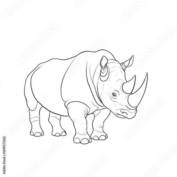 Fototapeta rhinoceros, minimalistic linear drawing, simple black and white contour illustration, vector, isolated, clean design, modern minimal contour sketch for posters, prints and decor