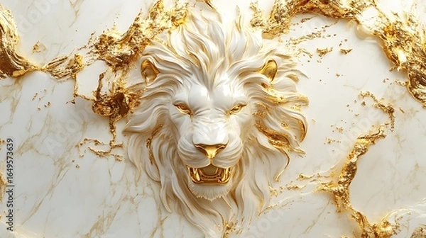 Fototapeta Artistic rendering of a majestic white lion head embellished with golden marble photo