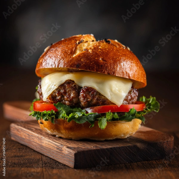 Fototapeta Gourmet beef burger with melted cheese, fresh lettuce, tomato and artisan bun presented on rustic wooden board under soft warm lighting, high-quality food photography