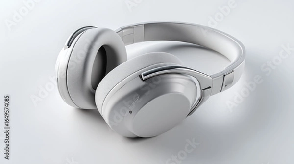 Fototapeta Minimalist matte silver wireless headphones on pure white seamless background under professional studio lighting, high-end tech product photography concept