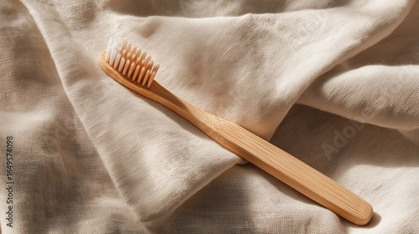 Fototapeta Sustainable bamboo toothbrush with soft white bristles on folded beige linen fabric under soft daylight, eco-friendly minimalist lifestyle photography concept