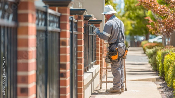Fototapeta A focused professional, wearing protective gear, stands on a ladder next to a residential fence. He meticulously applies paint to ironwork, showcasing dedication and attention to detail in his work